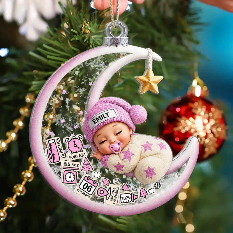 Adorable,Gift For Baby,Christmas,Icon - Baby Sleeping On The Moon First Christmas - Personalized 3-Layered Acrylic Shaker Ornament