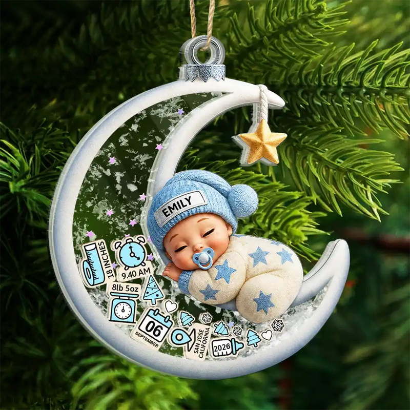 Adorable,Gift For Baby,Christmas,Icon - Baby Sleeping On The Moon First Christmas - Personalized 3-Layered Acrylic Shaker Ornament