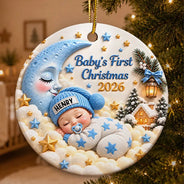 Christmas,Gift For Baby,New Baby,Sentimental,Vector - Baby's First Christmas - Personalized Sleeping Baby 3D Embossed Circle Ceramic Ornament