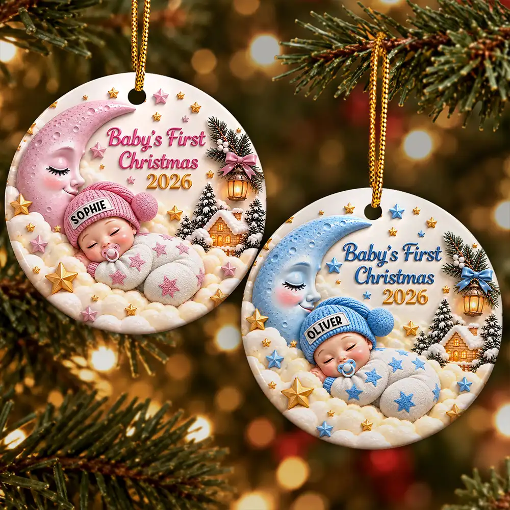 Baby's First Christmas - Personalized Sleeping Baby 3D Embossed Circle Ceramic Ornament