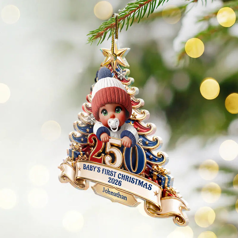 Adorable,Independence Day,Parents,America 250th,Christmas,Icon - Baby's First Christmas 250 America Anniversary - Personalized Custom Shaped Acrylic Ornament