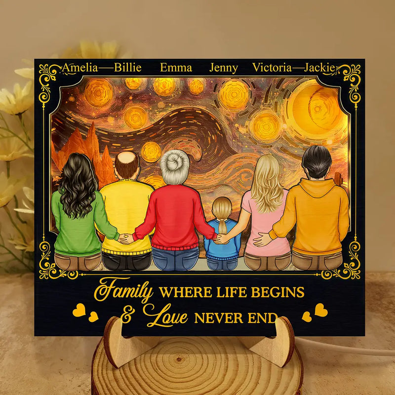 Family,Parents,Gift For Grandparents,Gift For Daughter,Gift For Son,Love - Backside Family Starry Night - Personalized LED Light Wooden Plaque