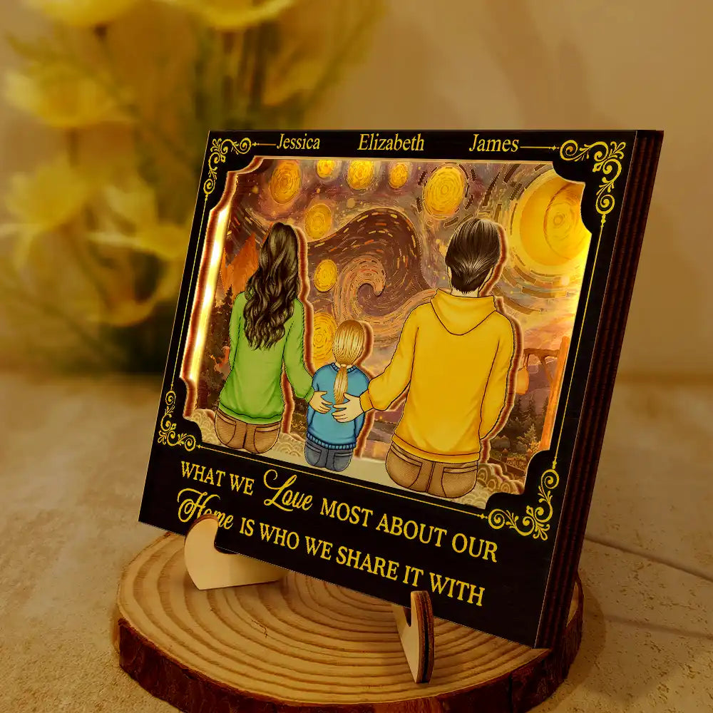 Family,Parents,Gift For Grandparents,Gift For Daughter,Gift For Son,Love - Backside Family Starry Night - Personalized LED Light Wooden Plaque