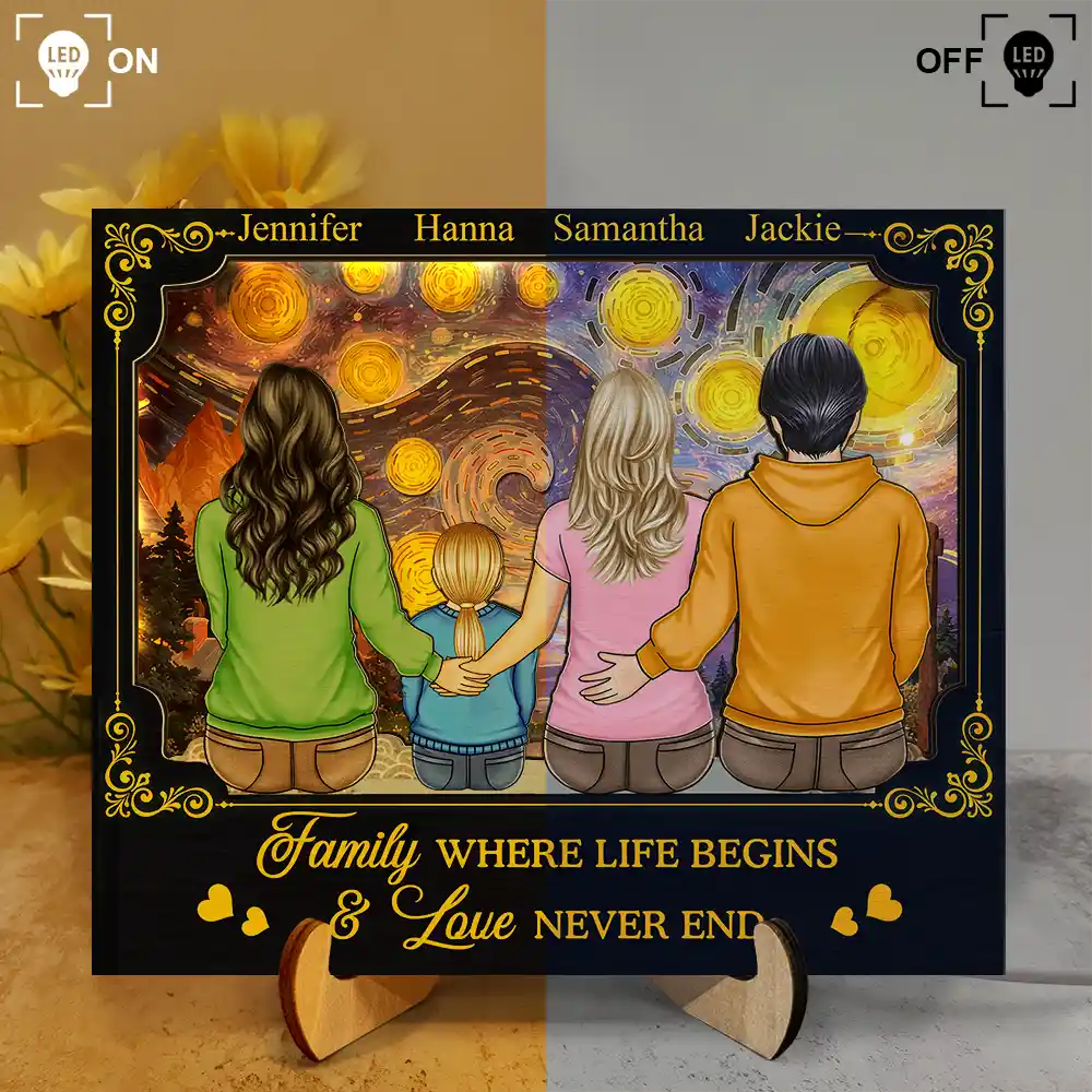 Family,Parents,Gift For Grandparents,Gift For Daughter,Gift For Son,Love - Backside Family Starry Night - Personalized LED Light Wooden Plaque