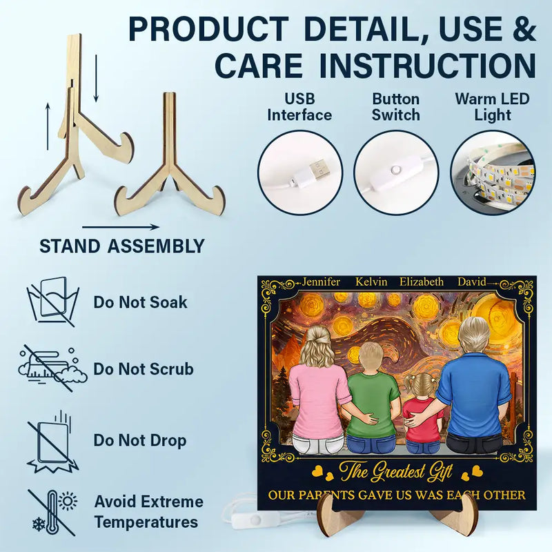 Family,Parents,Gift For Grandparents,Gift For Daughter,Gift For Son,Love - Backside Family Starry Night - Personalized LED Light Wooden Plaque