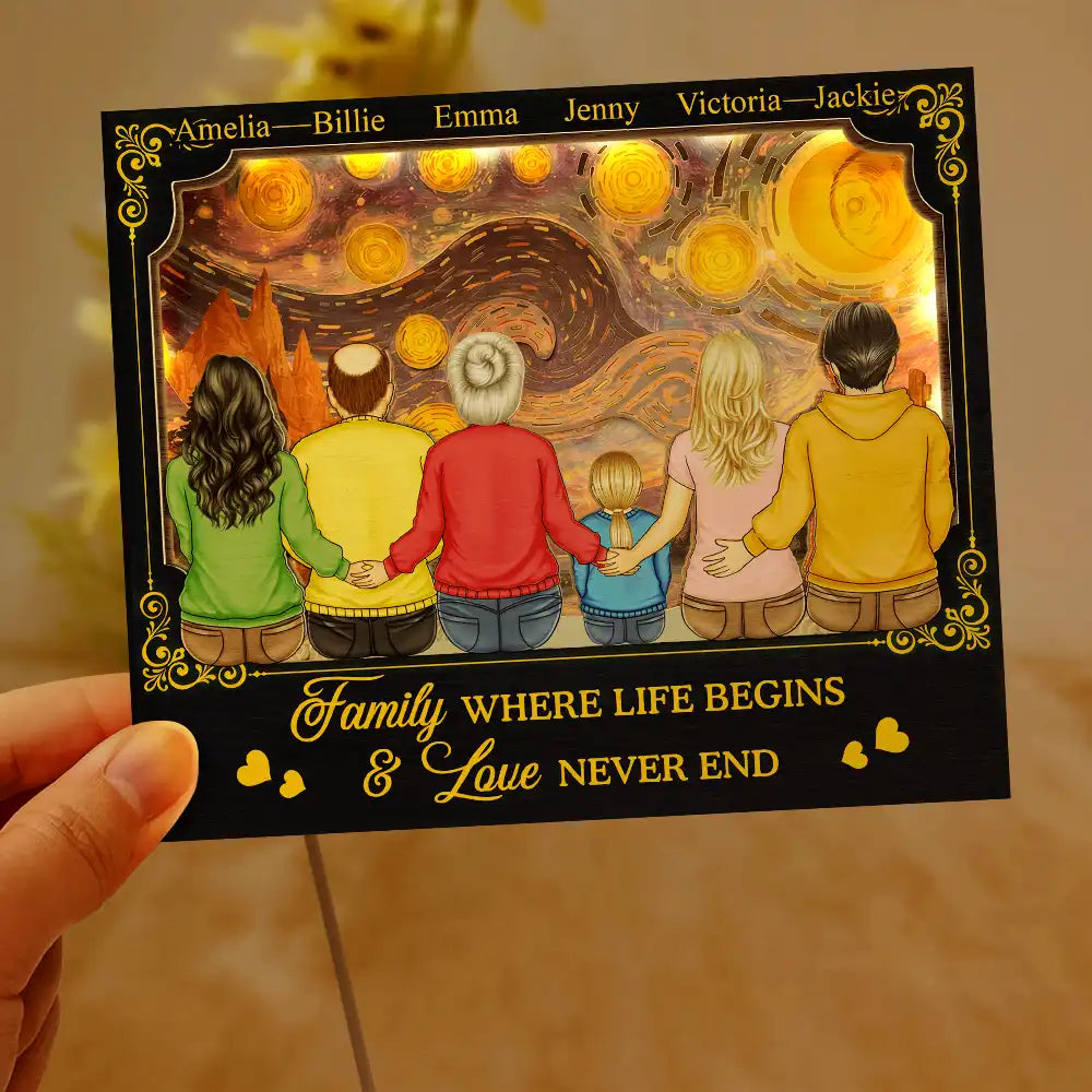 Family,Parents,Gift For Grandparents,Gift For Daughter,Gift For Son,Love - Backside Family Starry Night - Personalized LED Light Wooden Plaque