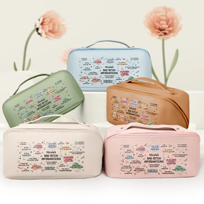 Gift For Yourself, Gift For Women, Happy - Bad Bi*ch Affirmation - Personalized Leather Makeup Bag