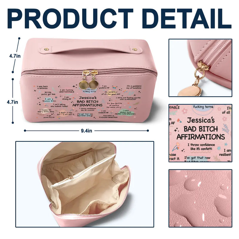 Gift For Yourself, Gift For Women, Happy - Bad Bi*ch Affirmation - Personalized Leather Makeup Bag