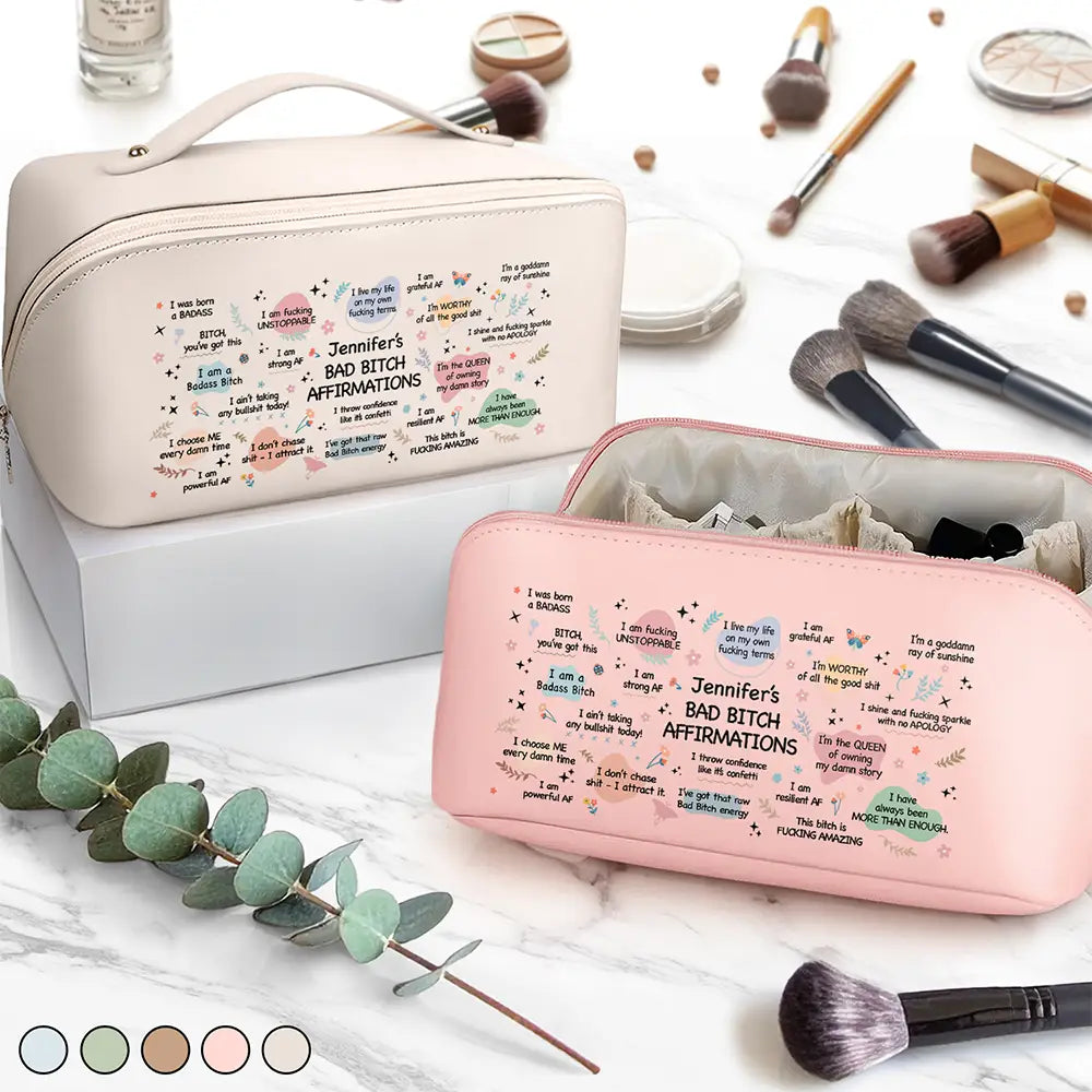 Gift For Yourself, Gift For Women, Happy - Bad Bi*ch Affirmation - Personalized Leather Makeup Bag