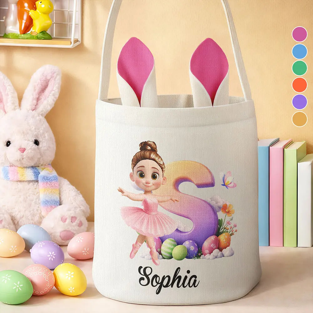 Easter, Happy, Gift For Kids, Parents - Ballerina Girl Alphabet - Personalized Bunny Ears Bucket Bag