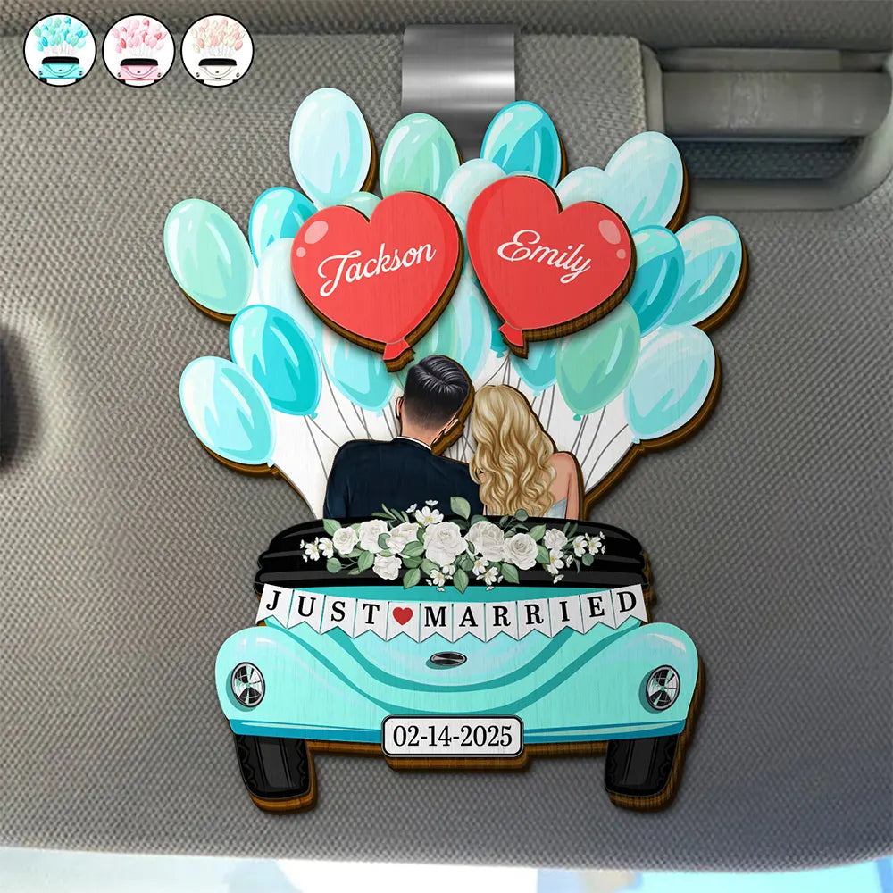 Gift For Couples,Gift For Husband,Gift For Wife,Married ,Wedding,Wedding Anniversary,Christmas,Love - Balloon Car Just Married Couple - Personalized Custom Shaped Car Visor Clip