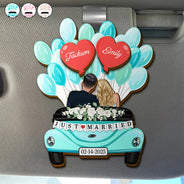 Gift For Couples,Gift For Husband,Gift For Wife,Married ,Wedding,Wedding Anniversary,Christmas,Love - Balloon Car Just Married Couple - Personalized Custom Shaped Car Visor Clip