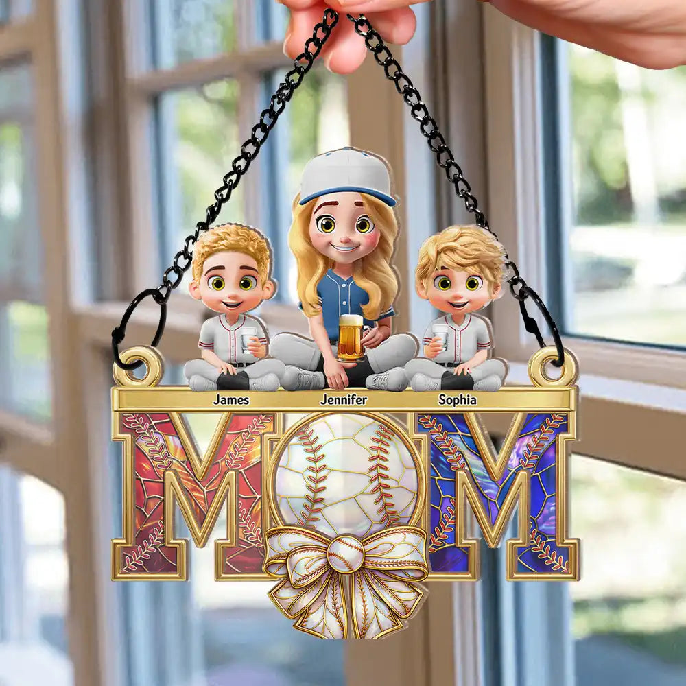 Baseball, Sport Mom, Gift For Mother, Happy - Baseball Mom & Kids Stained Glass Effect - Personalized Window Hanging Suncatcher Ornament