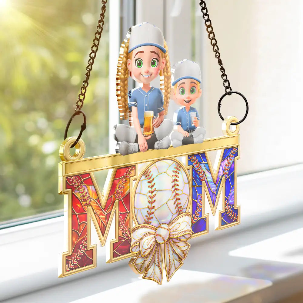 Baseball, Sport Mom, Gift For Mother, Happy - Baseball Mom & Kids Stained Glass Effect - Personalized Window Hanging Suncatcher Ornament