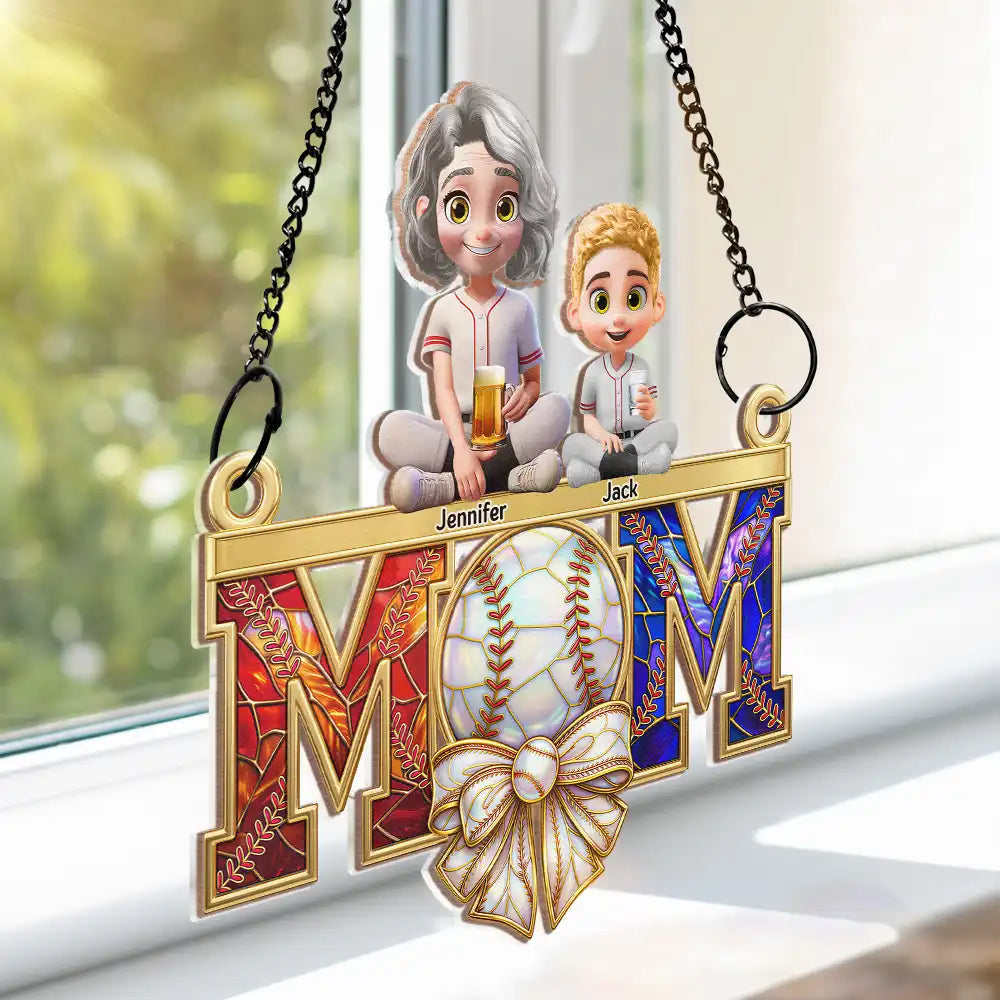 Baseball, Sport Mom, Gift For Mother, Happy - Baseball Mom & Kids Stained Glass Effect - Personalized Window Hanging Suncatcher Ornament
