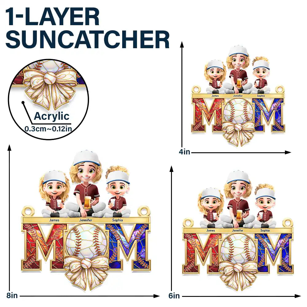Baseball, Sport Mom, Gift For Mother, Happy - Baseball Mom & Kids Stained Glass Effect - Personalized Window Hanging Suncatcher Ornament