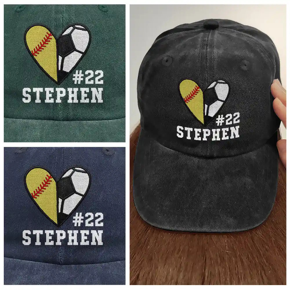 Happy,Sport Dad,Golf,Gift For Father,Gift For Men,Baseball,Softball,Basketball,Football -  Baseball Softball Basketball Heart Sports - Personalized Vintage Washed Denim Cap