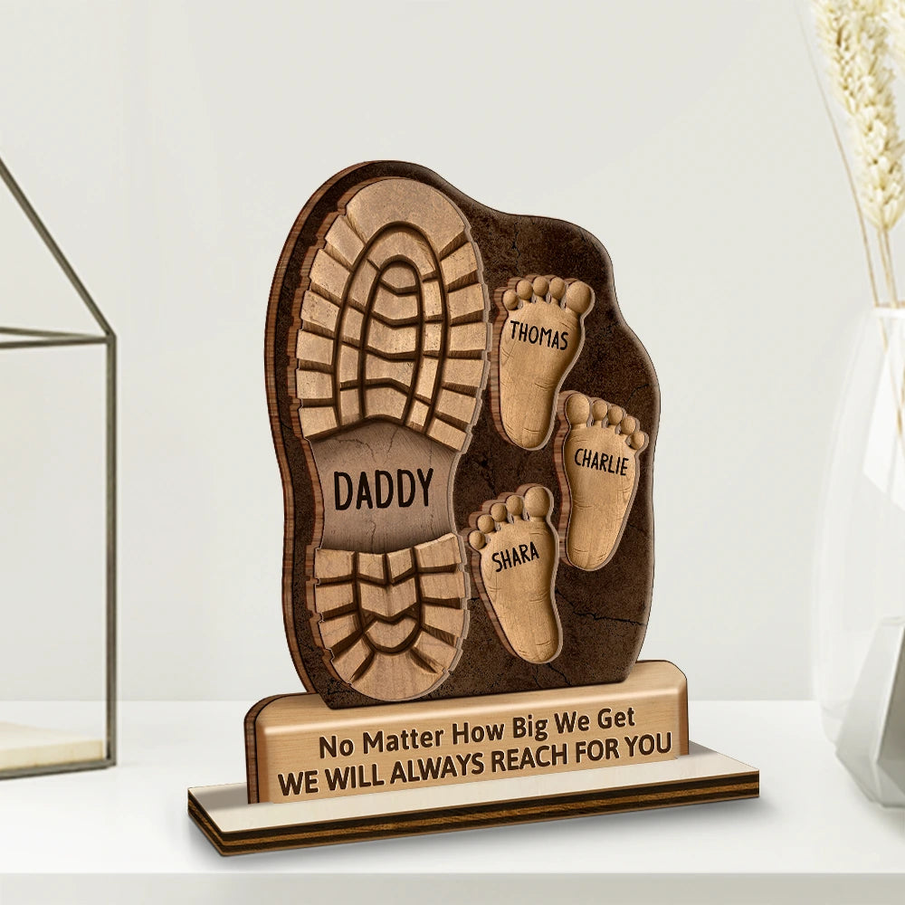 Dad And Kids Footsteps No Matter How Big We Get - Personalized Custom Shaped 2-Layered Wooden Plaque