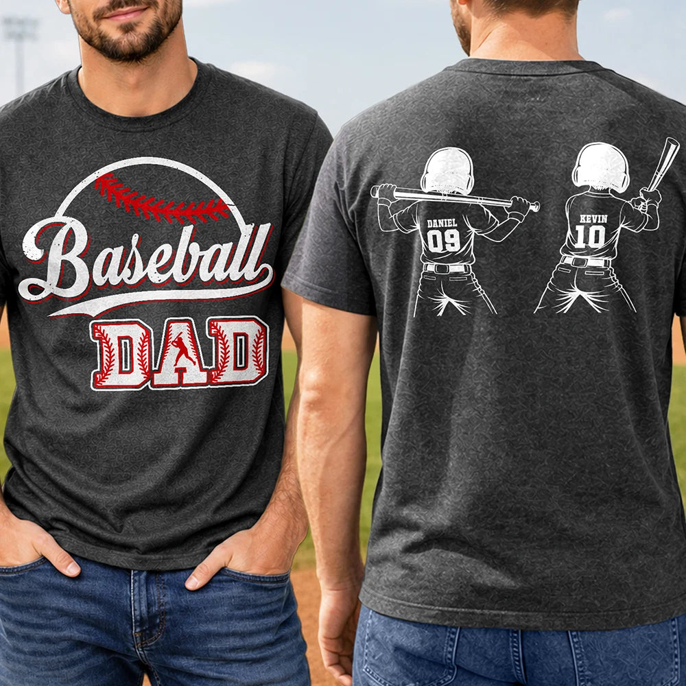 Gift For Father,Sport Dad,Baseball,Happy,Vector - Baseball Softball Dad Mom Kids Backside - Personalized T Shirt