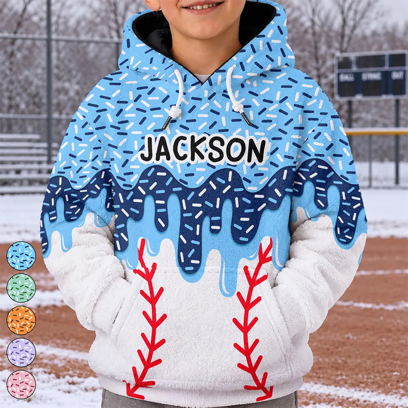 Top Market,Adorable,Gift For Kids,Custom Text - Baseball Softball Soccer Football Basketball Hockey Lover Dripping Ice Cream For Kids - Personalized Fleece Hoodie