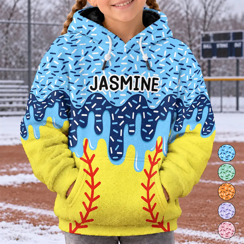 Top Market,Adorable,Gift For Kids,Custom Text - Baseball Softball Soccer Football Basketball Hockey Lover Dripping Ice Cream For Kids - Personalized Fleece Hoodie