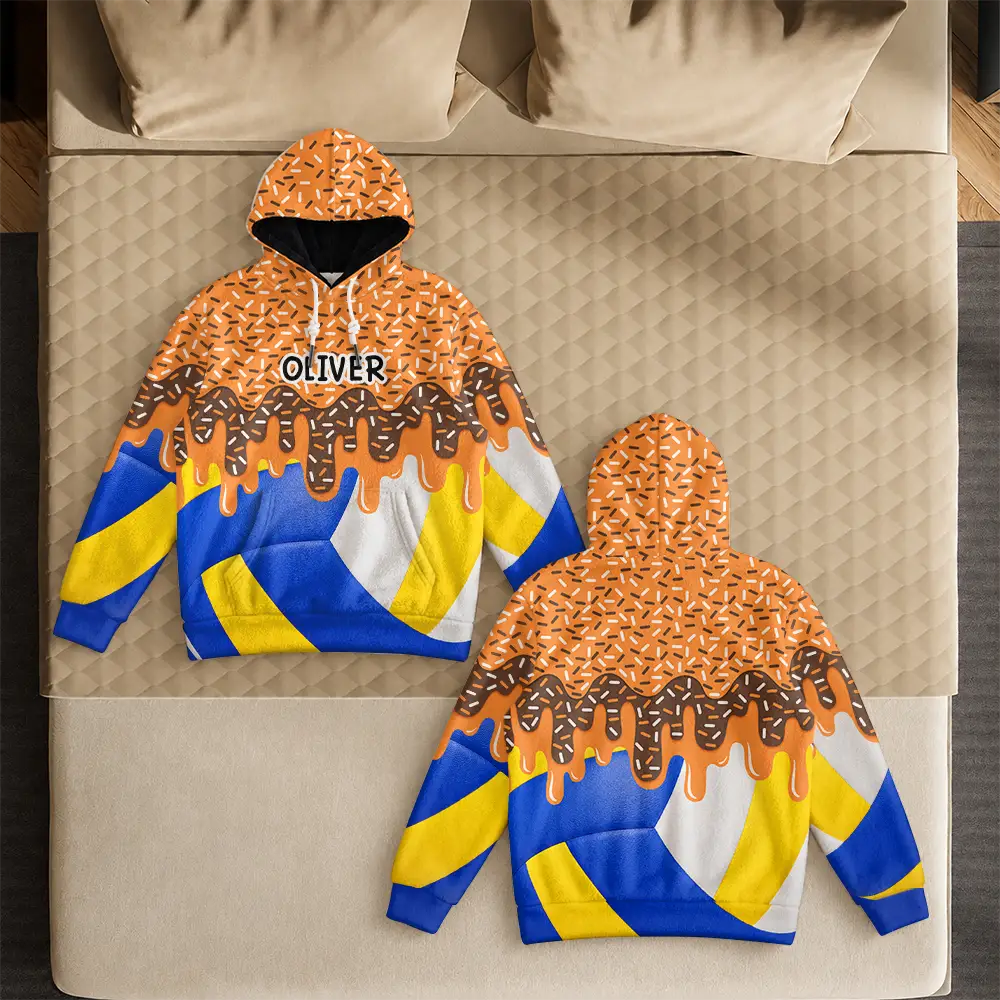 Top Market,Adorable,Gift For Kids,Custom Text - Baseball Softball Soccer Football Basketball Hockey Lover Dripping Ice Cream For Kids - Personalized Fleece Hoodie