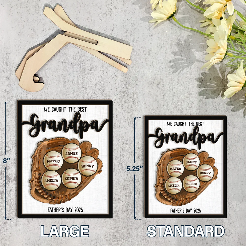 Gift For Father,Gift For Mother,Baseball - Baseball We Caught The Best Dad Mom Grandpa Grandma - Personalized 2-Layered Wooden Plaque With Stand