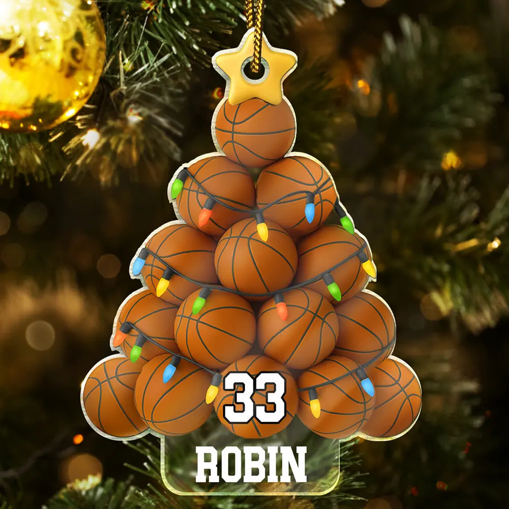 Gift For Yourself, Gift For Women, Gift For Men, Baseball, Basketball, Football, Golf, Happy, Christmas - Basketball Christmas Tree - Personalized Custom Shaped Acrylic Ornament