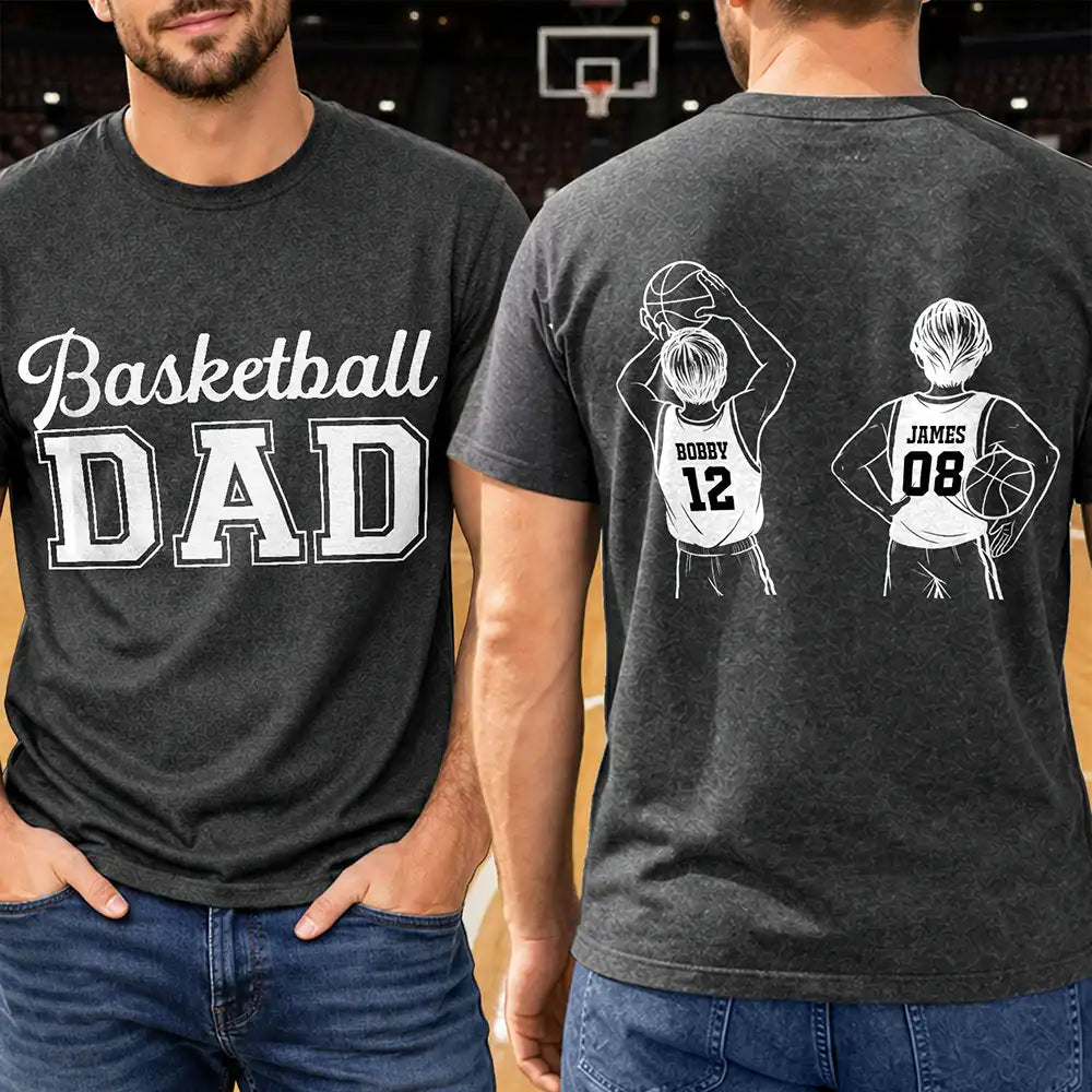 Gift For Father,Gift For Grandpa,Basketball,Non-Eng,Icon,Confident - Basketball Dad Papa Kids Backside Line Art - Personalized T Shirt