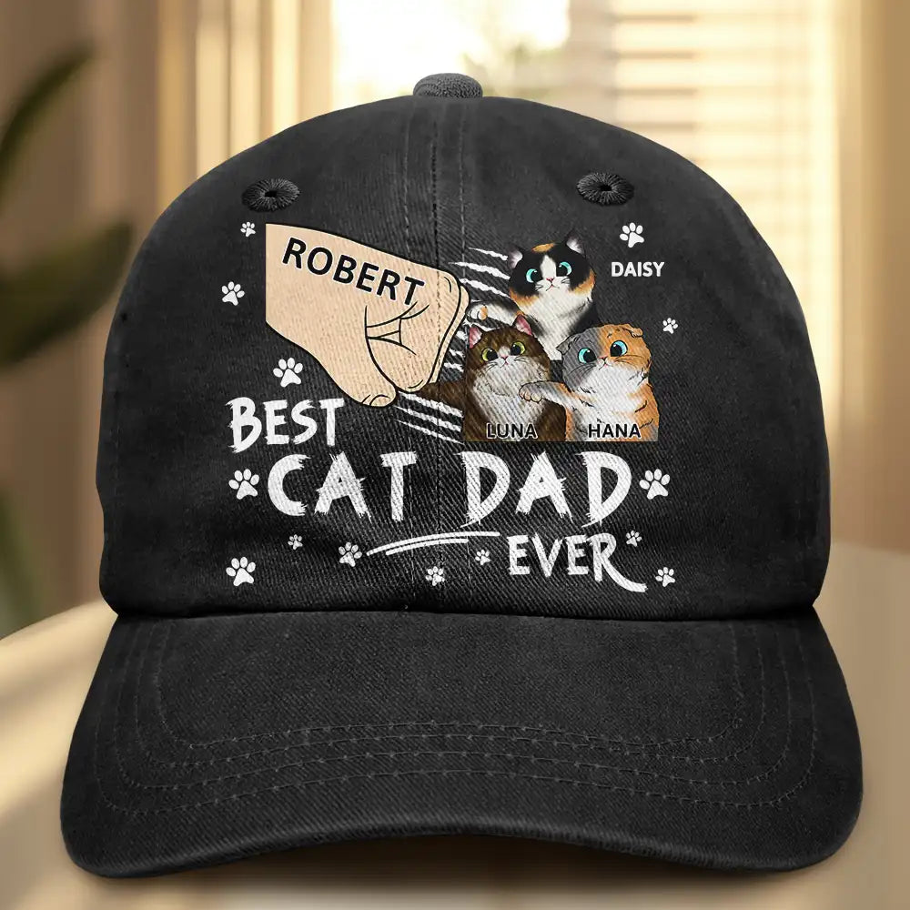 Best Cat Dad Ever - Personalized Vintage Washed Denim Cap