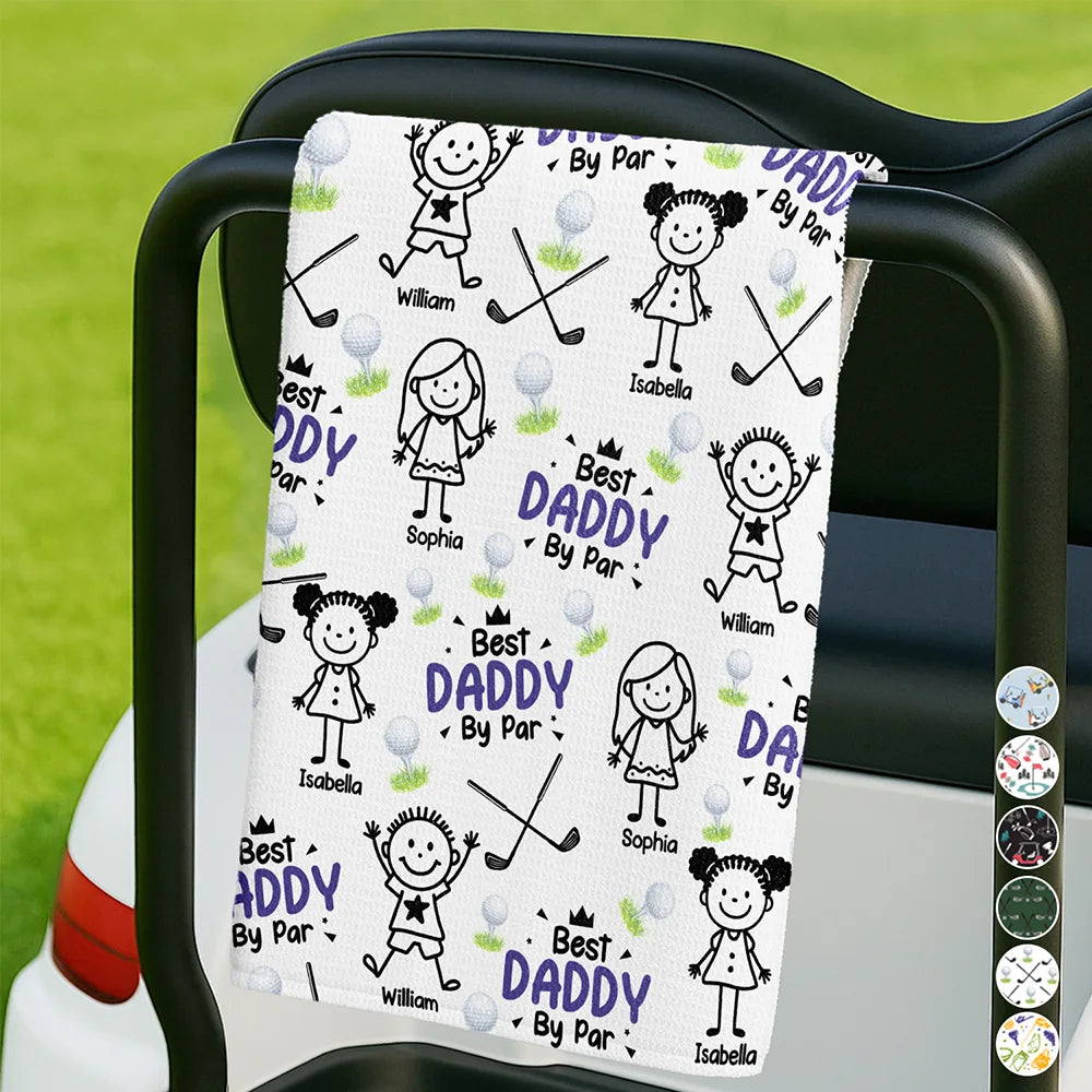 Best Dad By Par Stick Figures Kid Pet - Personalized Golf Towel