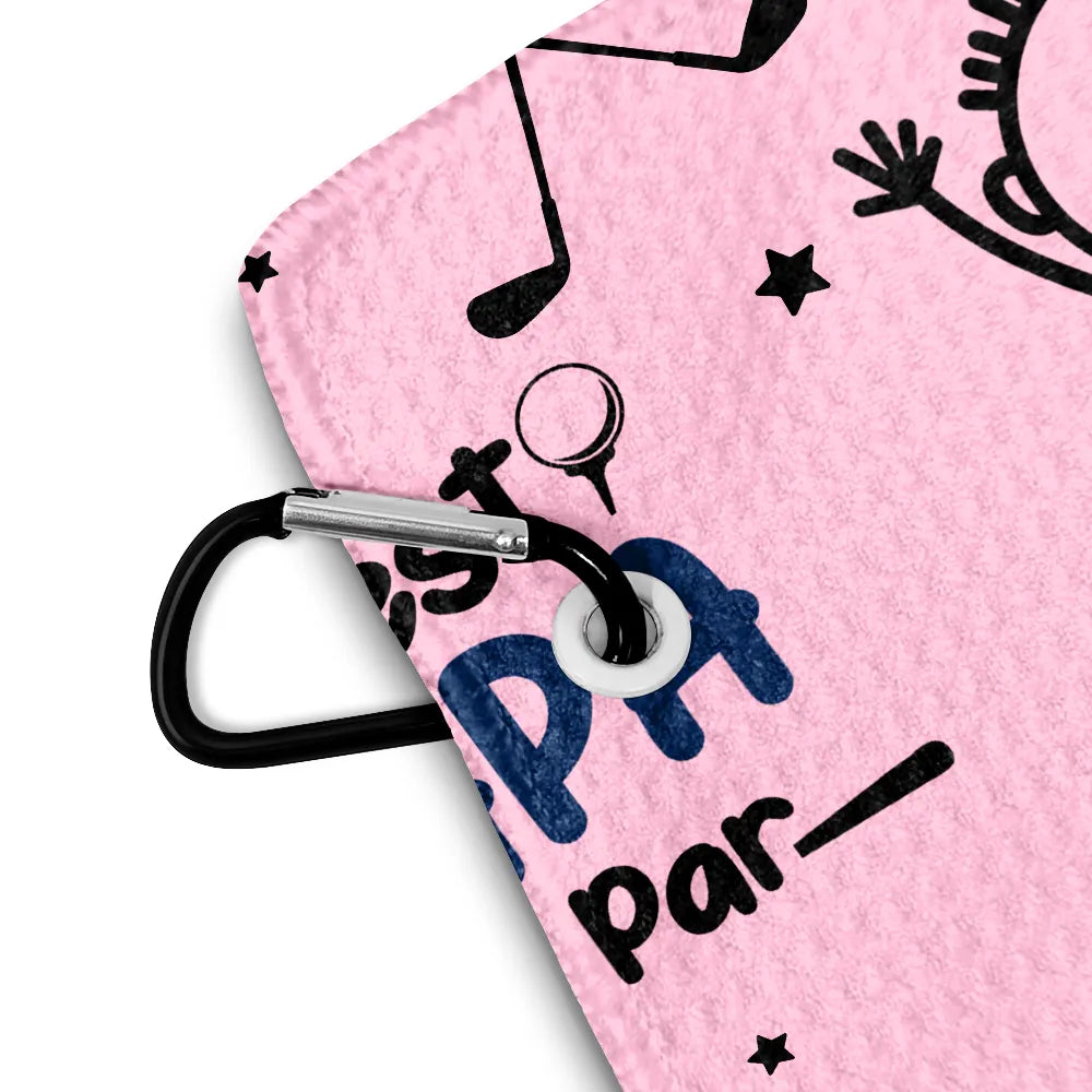 Happy,Golf,Dad's Hobby,Sport Dad,Gift For Father,Gift For Grandpa,Grandpa's Hobby,Gift For Husband - Best Dad By Par Stick Figures Kid & Pet - Personalized Golf Towel