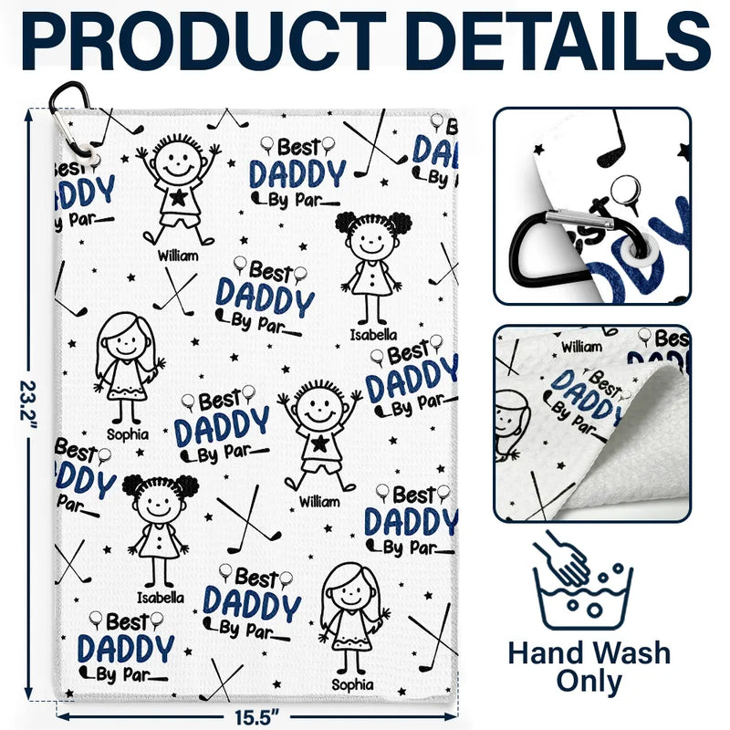 Happy,Golf,Dad's Hobby,Sport Dad,Gift For Father,Gift For Grandpa,Grandpa's Hobby,Gift For Husband - Best Dad By Par Stick Figures Kid & Pet - Personalized Golf Towel