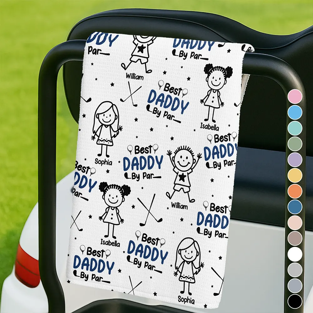 Best Dad By Par Stick Figures Kid & Pet - Personalized Golf Towel