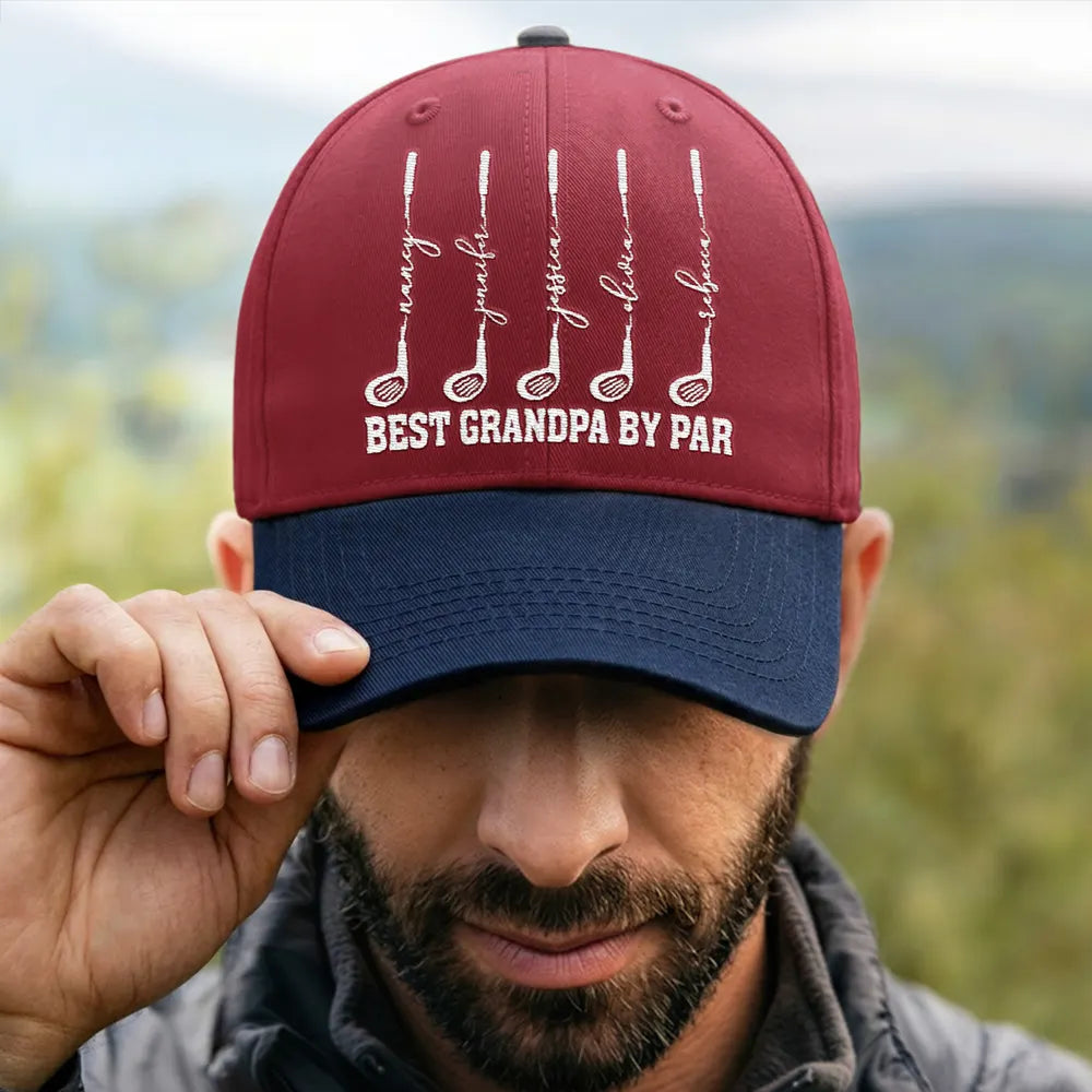 Gift For Grandpa,Gift For Father,Golf,Non-Eng,Icon,Proud - Best Dad Grandpa By Par Golf Clubs - Personalized Embroidered Two Tone Cap