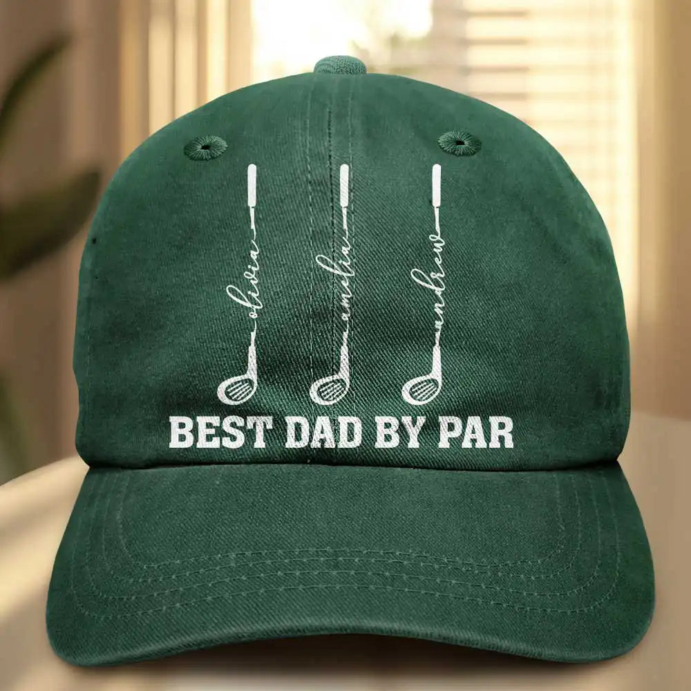 Gift For Grandpa,Gift For Father,Golf,Non-Eng,Icon,Proud - Best Dad Grandpa By Par Golf Clubs - Personalized Vintage Washed Denim Cap
