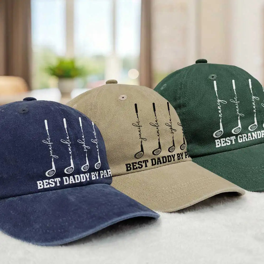 Gift For Grandpa,Gift For Father,Golf,Non-Eng,Icon,Proud - Best Dad Grandpa By Par Golf Clubs - Personalized Vintage Washed Denim Cap