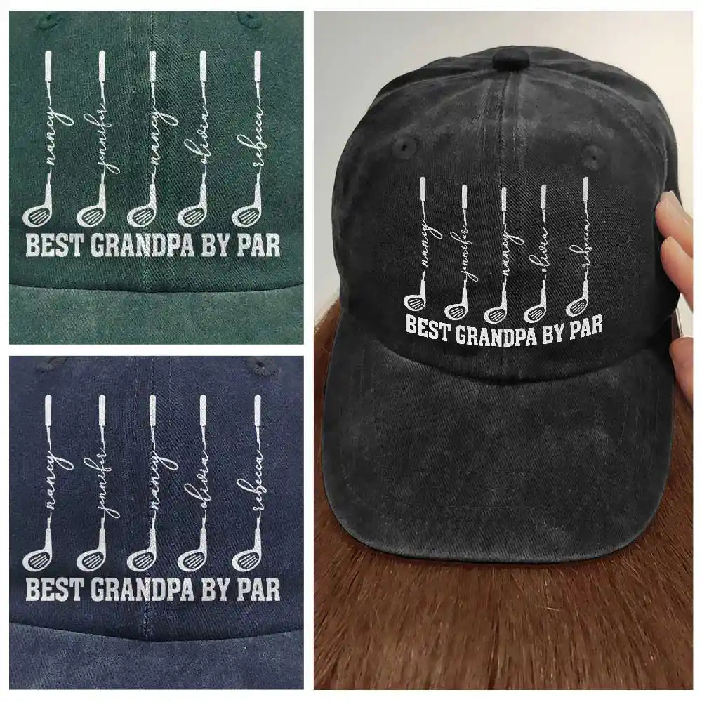 Gift For Grandpa,Gift For Father,Golf,Non-Eng,Icon,Proud - Best Dad Grandpa By Par Golf Clubs - Personalized Vintage Washed Denim Cap