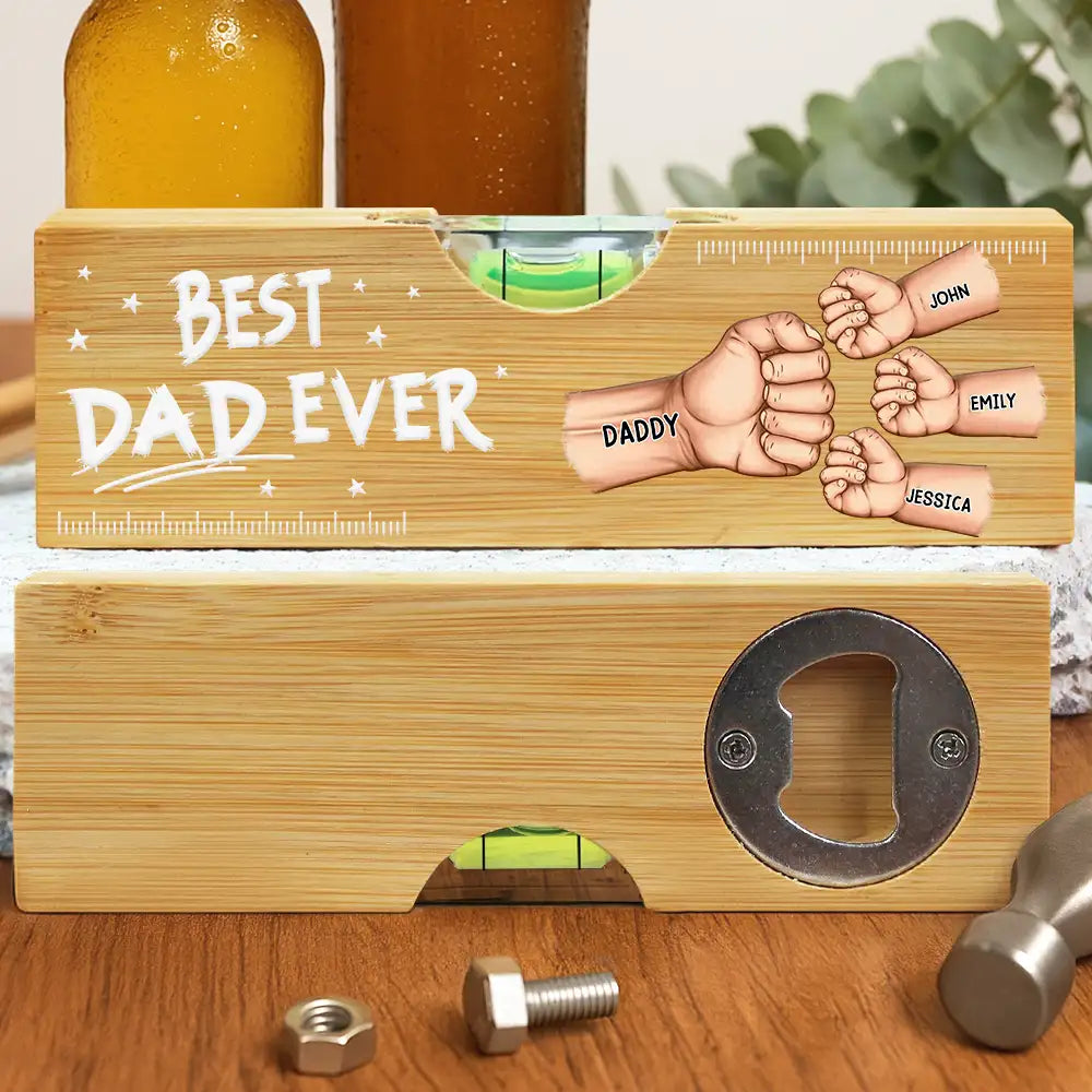 Gift For Father,Gift For Grandpa - Best Dad Grandpa Ever Fist Bump - Personalized Bottle Opener Wood Level
