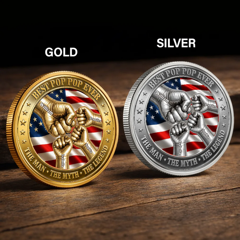 Top Market, Gift For Father, Gift For Grandpa, Gift For Men, Happy, con - Best Dad Grandpa Ever Fist Bump With Kids - Personalized Coin