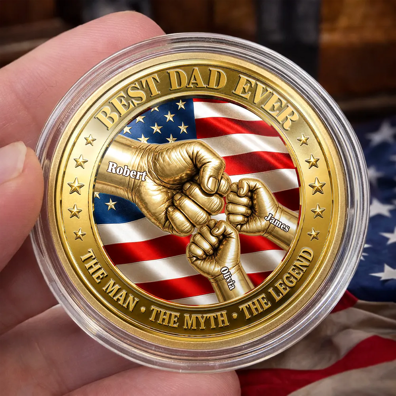 Top Market, Gift For Father, Gift For Grandpa, Gift For Men, Happy, con - Best Dad Grandpa Ever Fist Bump With Kids - Personalized Coin