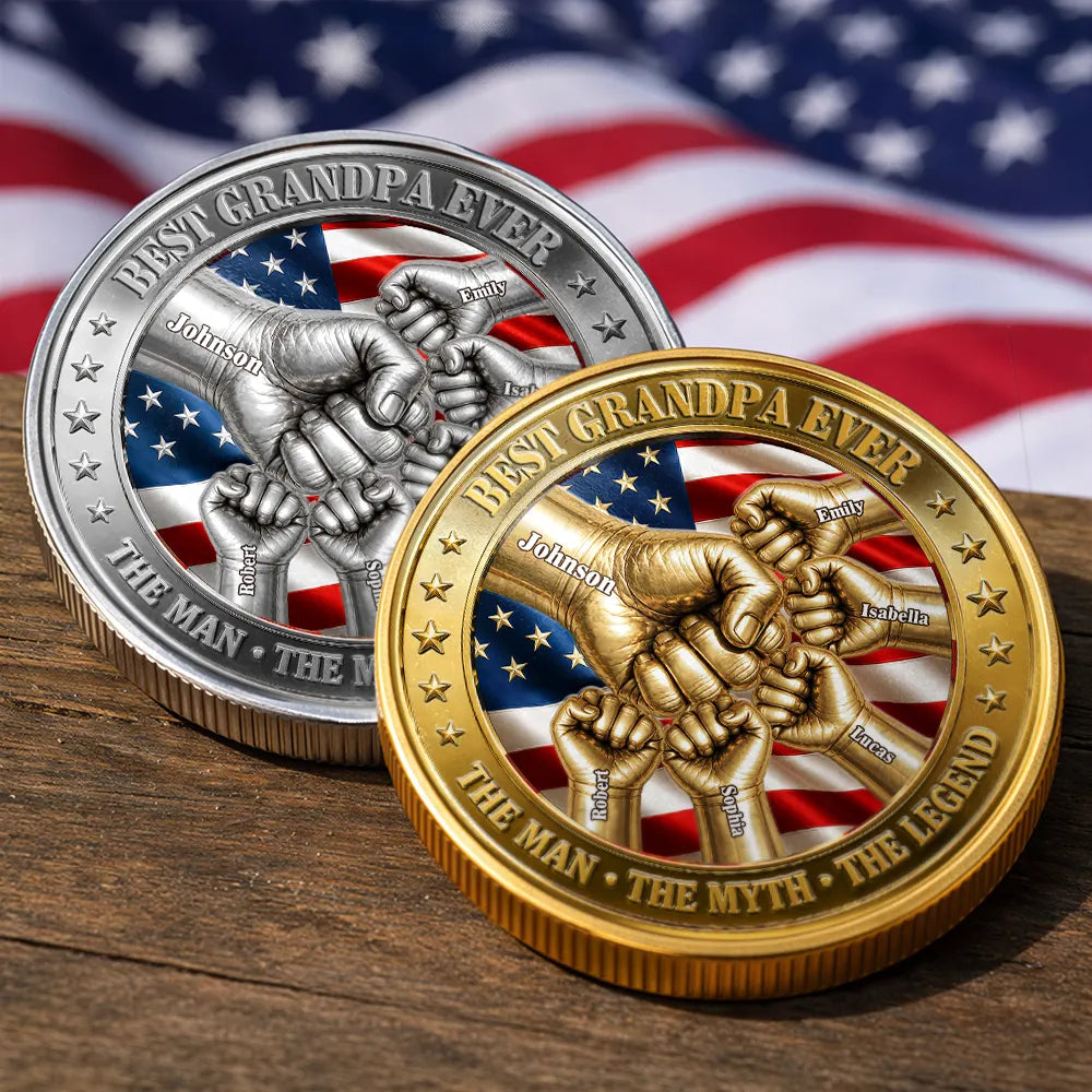Top Market, Gift For Father, Gift For Grandpa, Gift For Men, Happy, con - Best Dad Grandpa Ever Fist Bump With Kids - Personalized Coin