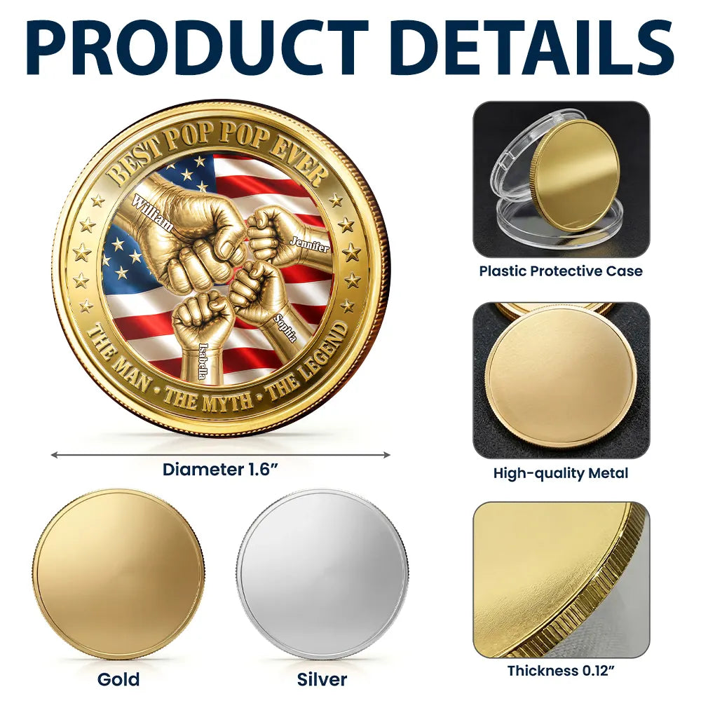 Top Market, Gift For Father, Gift For Grandpa, Gift For Men, Happy, con - Best Dad Grandpa Ever Fist Bump With Kids - Personalized Coin