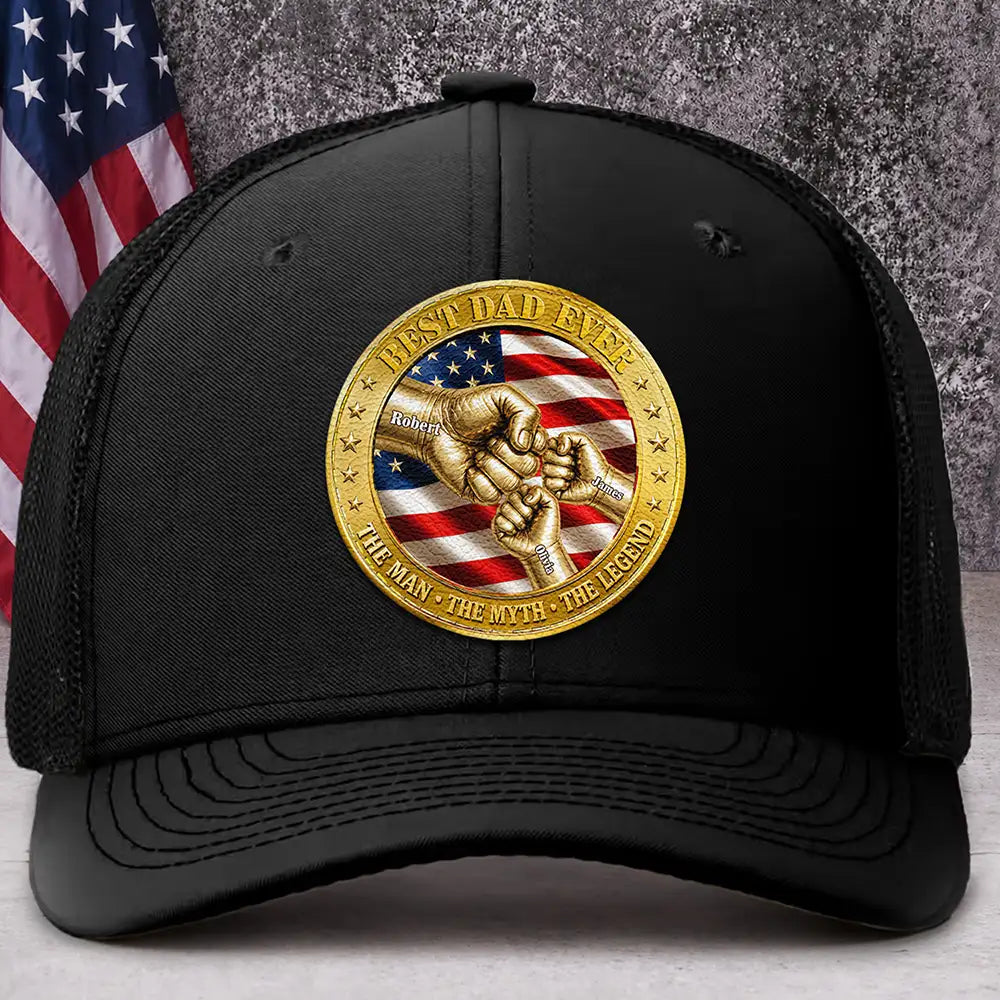 Gift For Father,Confident,Icon - Best Dad Grandpa Ever Fist Bump With Kids - Personalized Leather Patch Hat