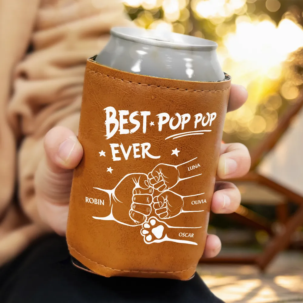 Gift For Father,Gift For Grandpa,Gift For Husband,Gift For Men,Happy - Best Dad Grandpa Ever Sketch - Personalized Leather Can Cooler