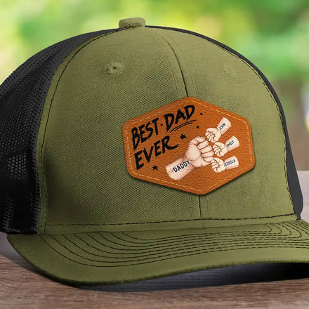 Best Dad Grandpa Papa Ever Fist Bump - Personalized Leather Patch Hat