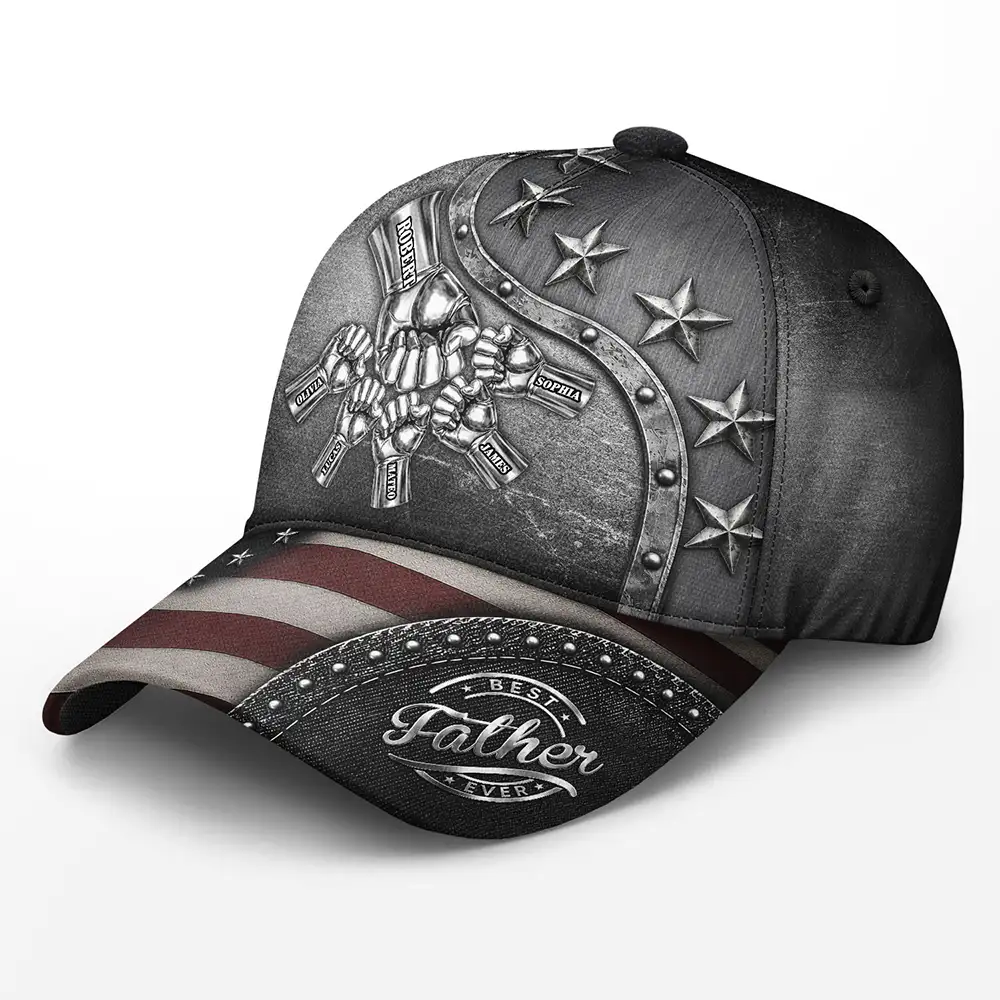 Gift For Grandpa,Gift For Father,Independence Day,Icon,Proud - Best Dad Papa Ever Metal Effect Hand Punch - Personalized Classic Cap
