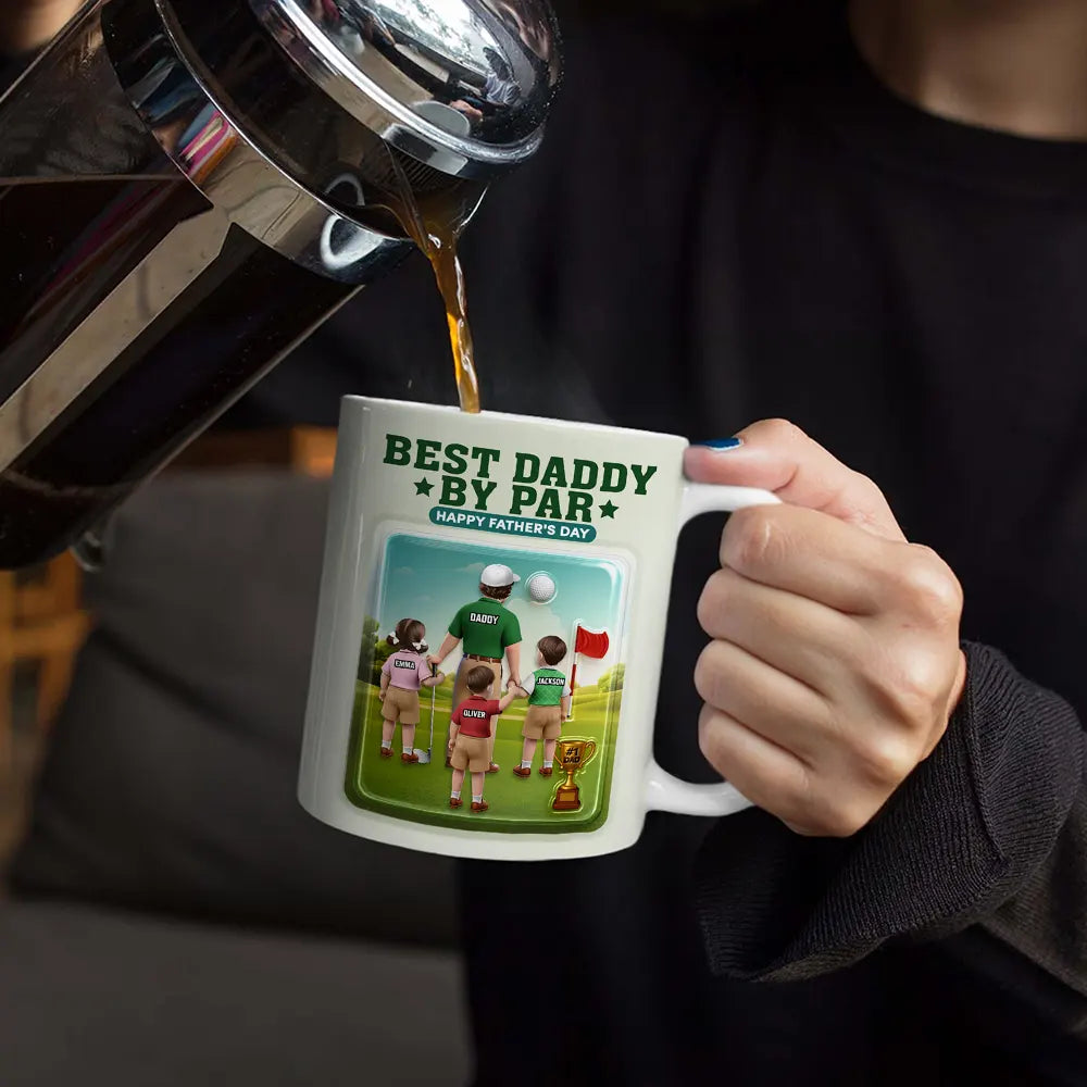 Happy, Sport Dad, Golf, Gift For Father, Gift For Men - Best Daddy By Par 3D Effect - Personalized White Edge-to-Edge Mug