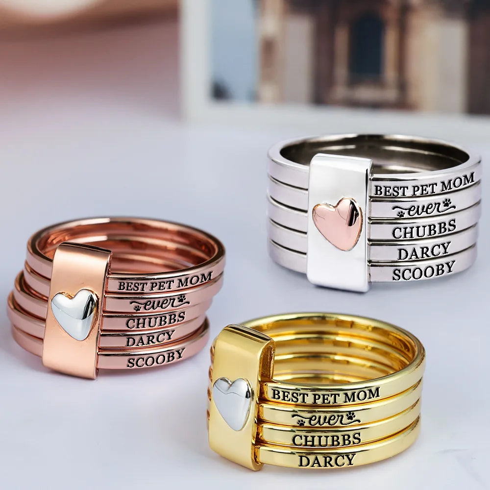 Dog Lovers,Pet Lovers,Cat Lovers,Dog Mom,Cat Mom,Pet Mom,Love - Best Dog Cat Mom Ever - Personalized Heart Stacking Rings