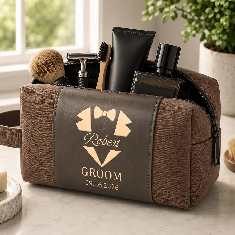 Confident,Gift For Men,Gift For Yourself,Wedding,Custom Text - Best Man Groomsman - Personalized Leather Canvas Toiletry Bag